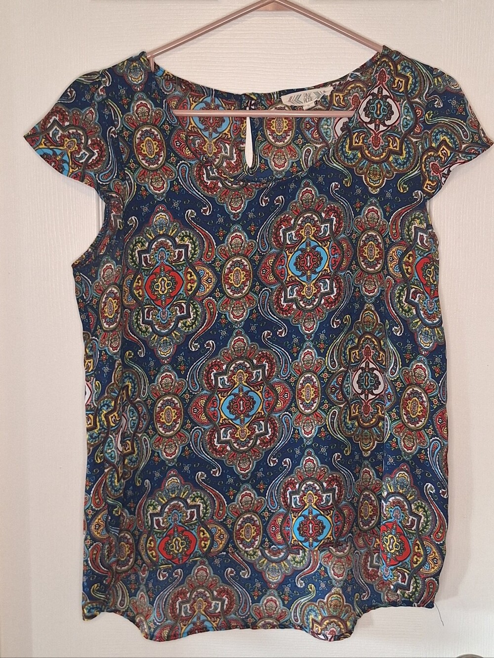 Pink Rose Navy Multicolor Paisley Cap-Sleeve Top
